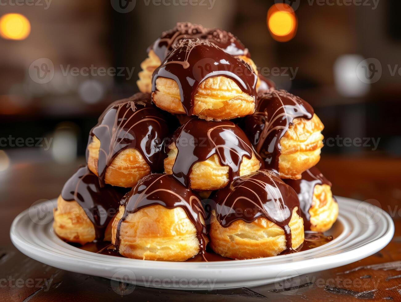 Decadent Chocolate Drizzled Profiteroles, Delicious profiteroles generously drizzled with rich chocolate sauce, arranged in a tempting stack on a white plate. photo