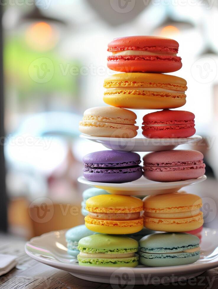 Colorful Macaron Tower on a Bright Day, A tower of brightly colored macarons stacked on a white plate, presented in a daylight-filled cafe atmosphere. photo