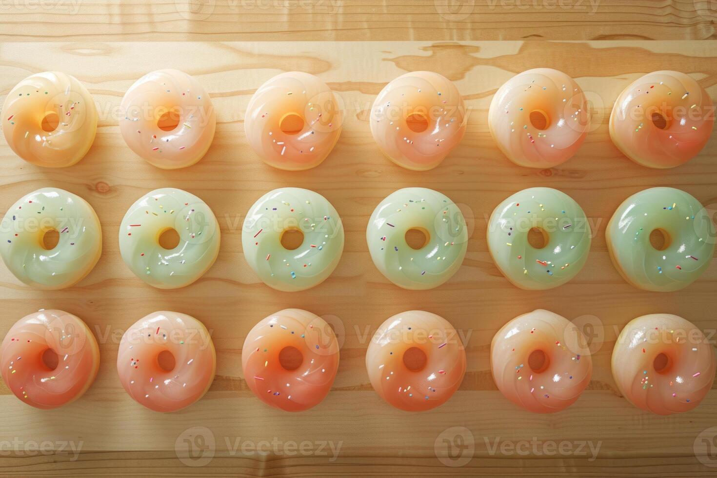 Pastel Donuts in a Row on Bright Wooden Table, A selection of pastel-colored donuts with sprinkles, lined up on a sunny wooden table. photo