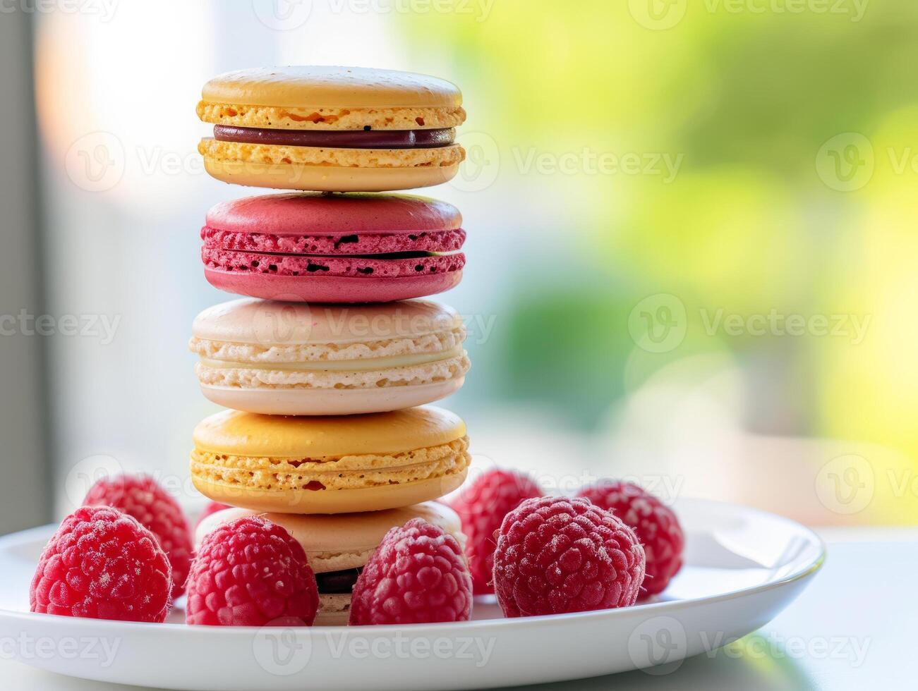 Elegant Macaron Stack with a Bokeh Background, A stack of pastel macarons on a white plate, accentuated by a soft bokeh background for an elegant presentation. photo