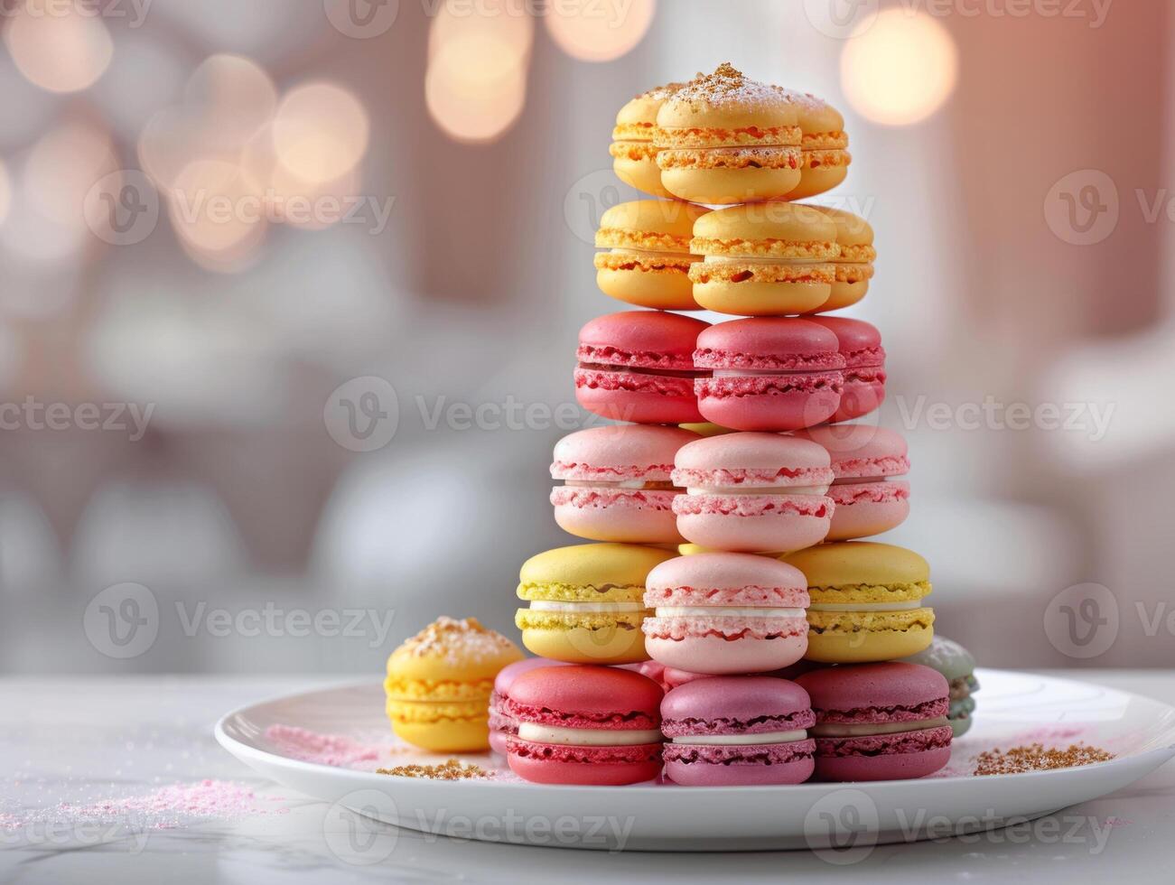 Elegant Macaron Stack with a Bokeh Background, A stack of pastel macarons on a white plate, accentuated by a soft bokeh background for an elegant presentation. photo