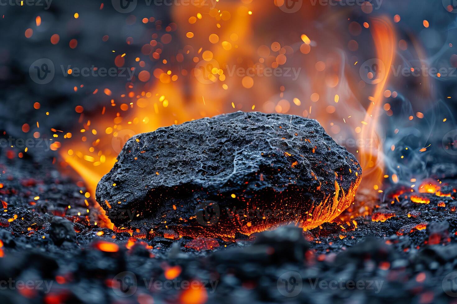 Fiery Sparks Surround a Rugged Black Rock in a Dynamic Scene photo