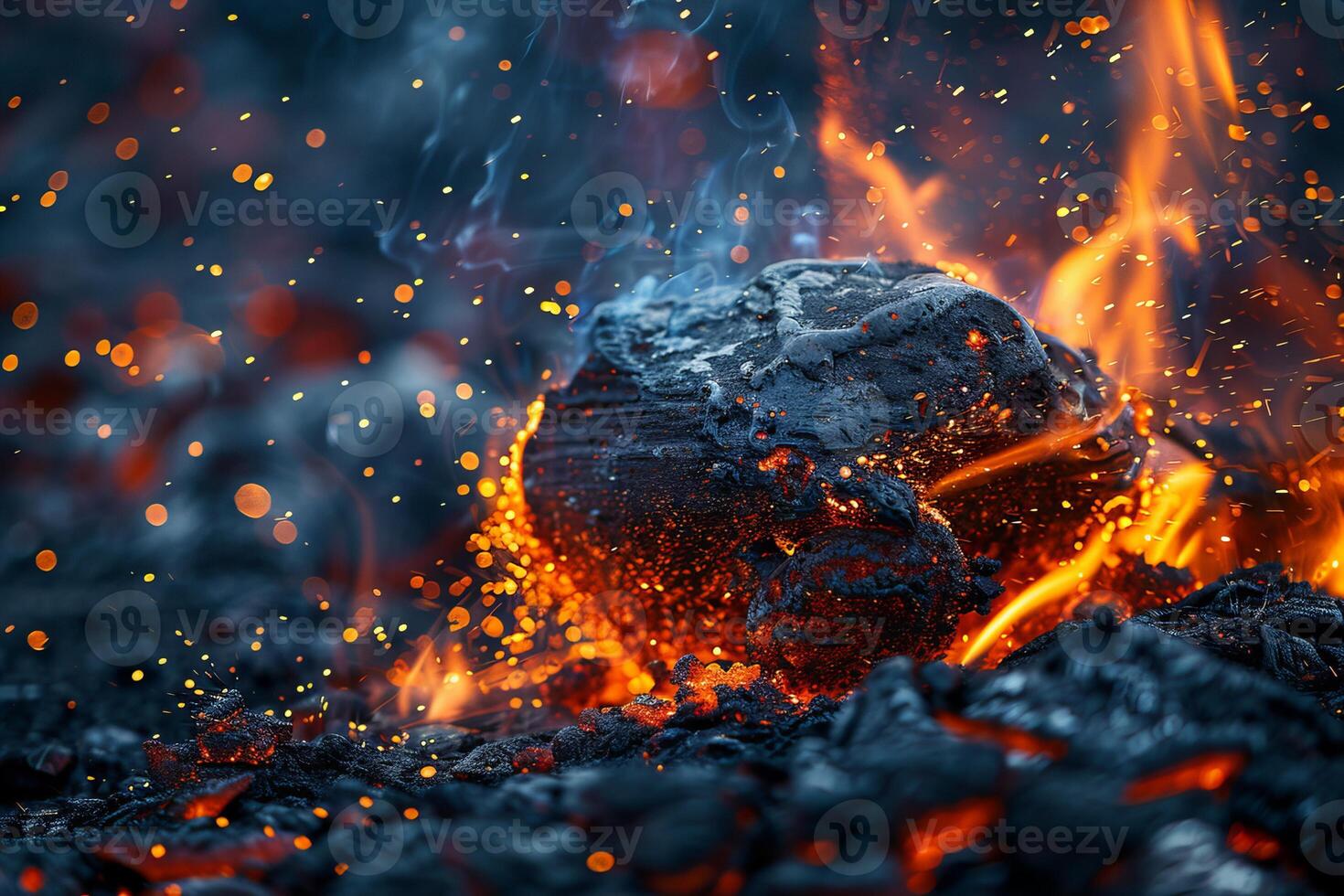 Intense Fire and Sparks Surrounding a Black Rock at Night photo