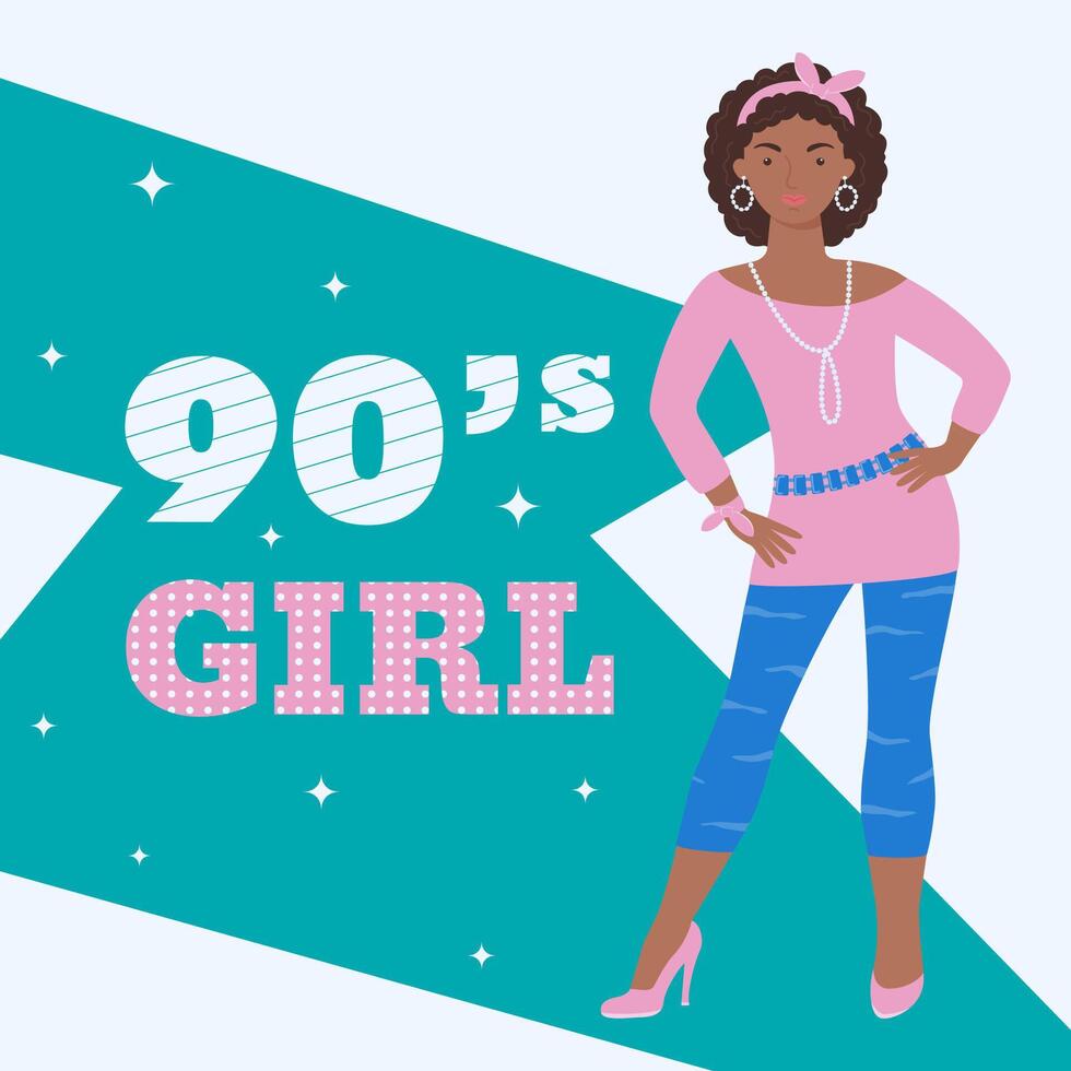 A girl in a tunic and leggings in a retro style. 90 characters. y2k characters. Fashion of the 90s. vector