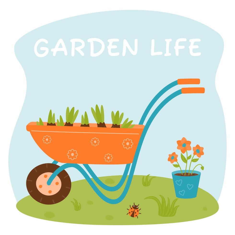 A composition of a garden wheelbarrow with seedlings, a flower pot and a ladybug. vector