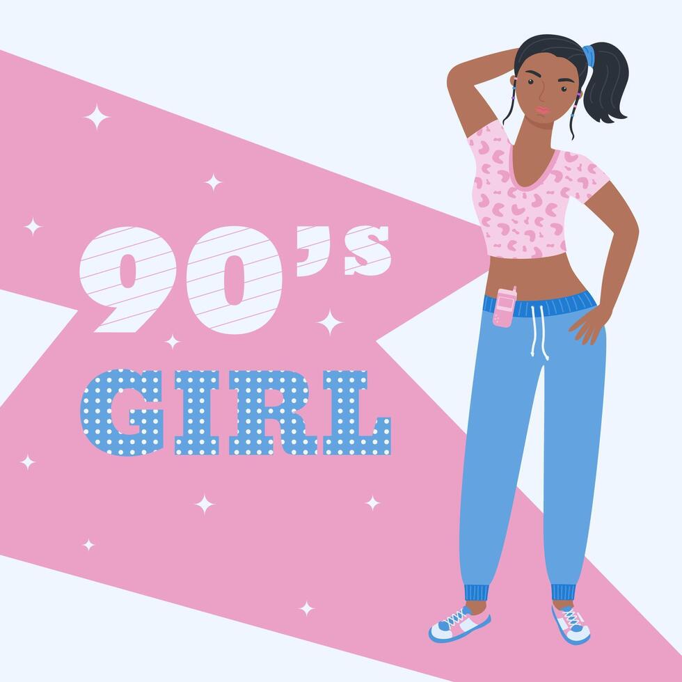 A girl in a tracksuit with a retro-style phone. 90 characters. y2k characters. Fashion of the 90s. vector