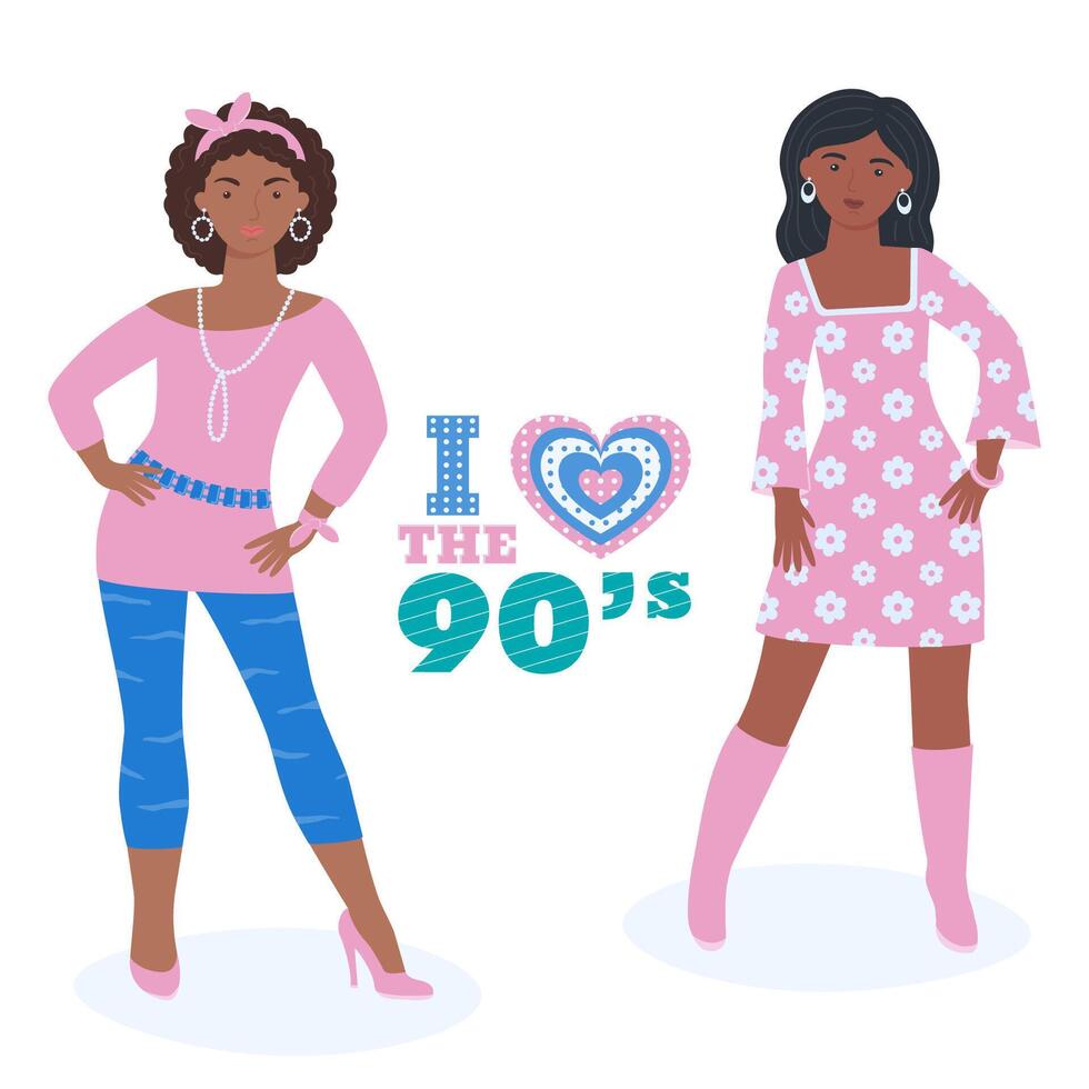 A set of girls in retro style. 90 characters. y2k characters. Fashion of the 90s. vector