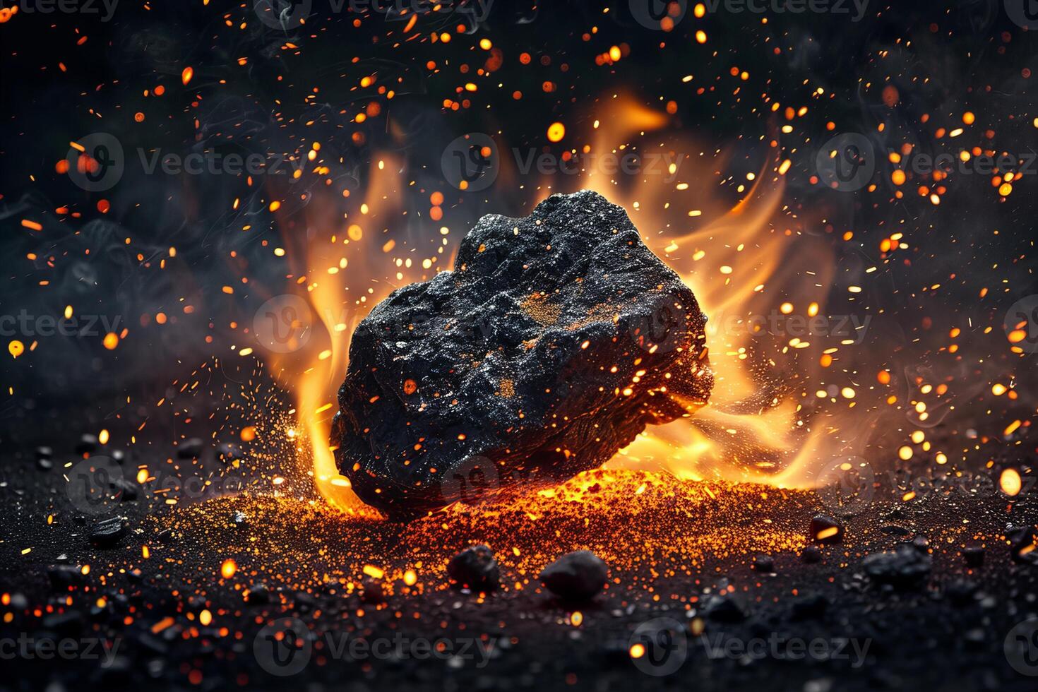 Dramatic View of a Black Rock Surrounded by Intense Fire photo