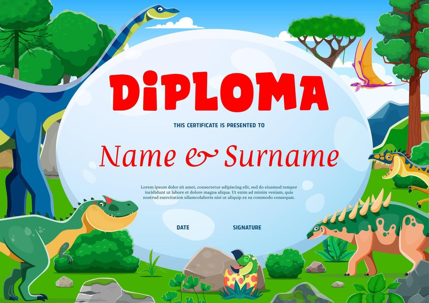 Kids diploma, funny dinosaurs with big dino egg vector