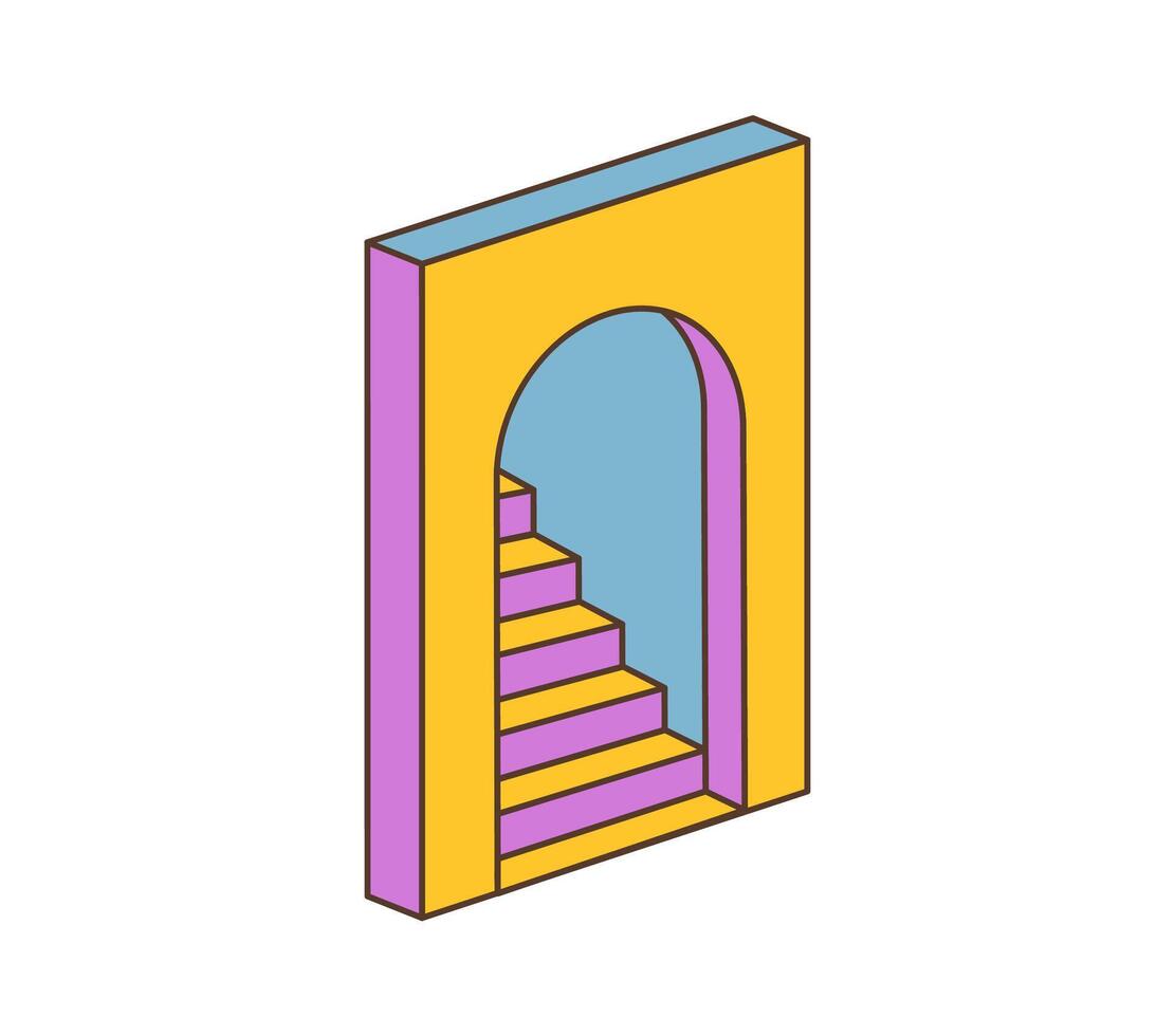 Cartoon retro groovy hippie symbol stairs in arch vector