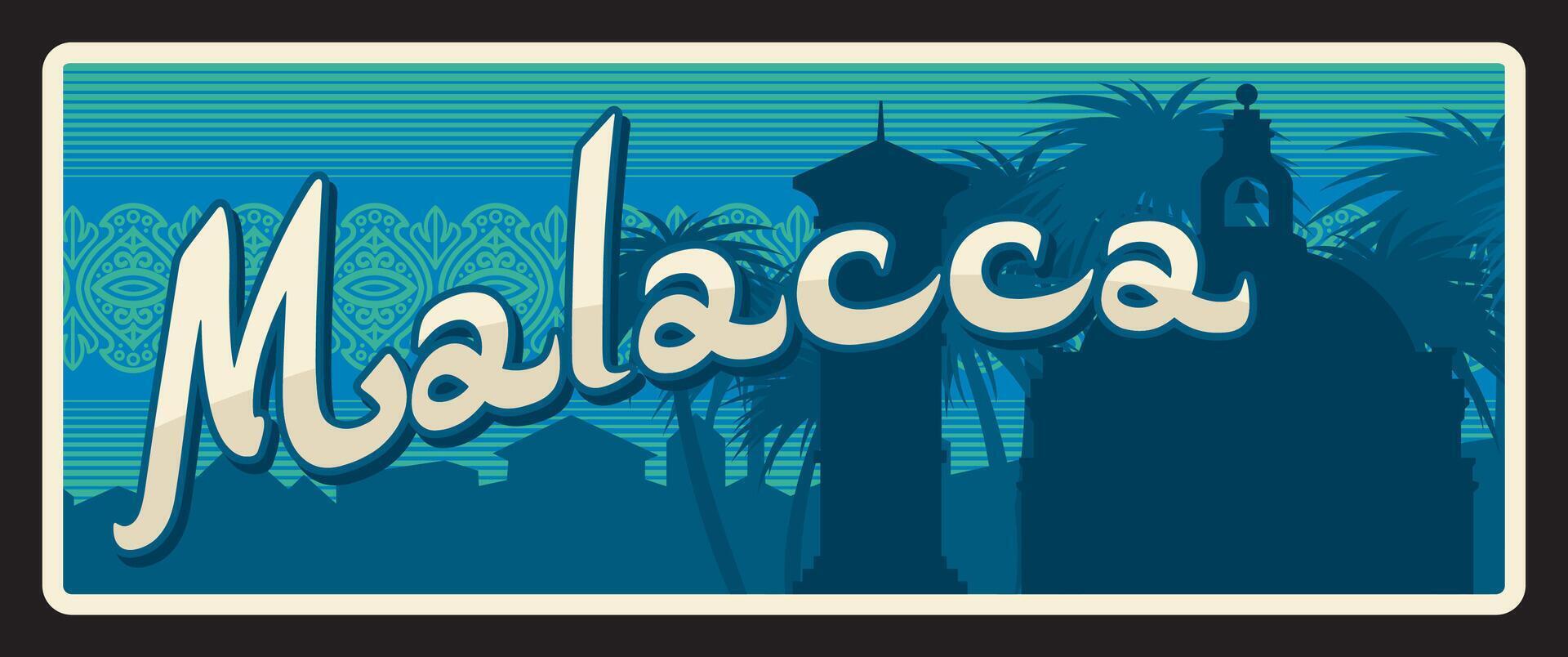 Malacca Malaysian state, retro travel plate vector