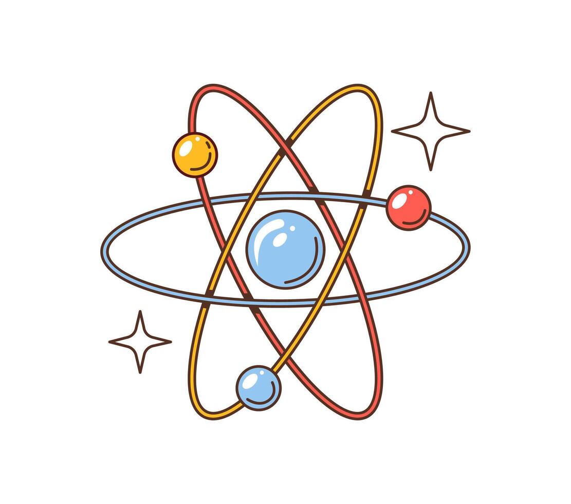 Retro groovy atom with electrons orbiting around vector