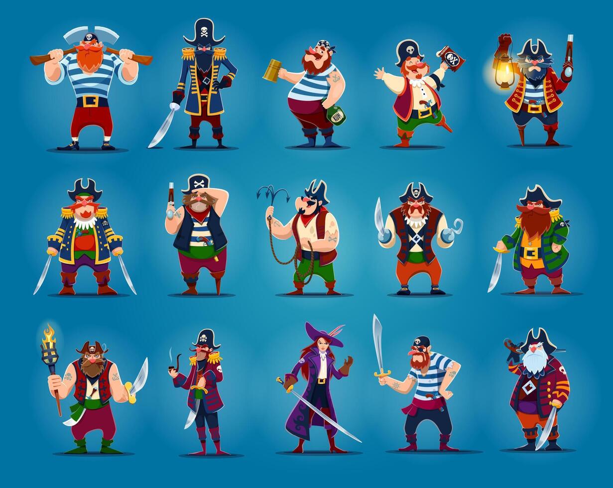 Cartoon pirate captain, sailor, corsair characters vector