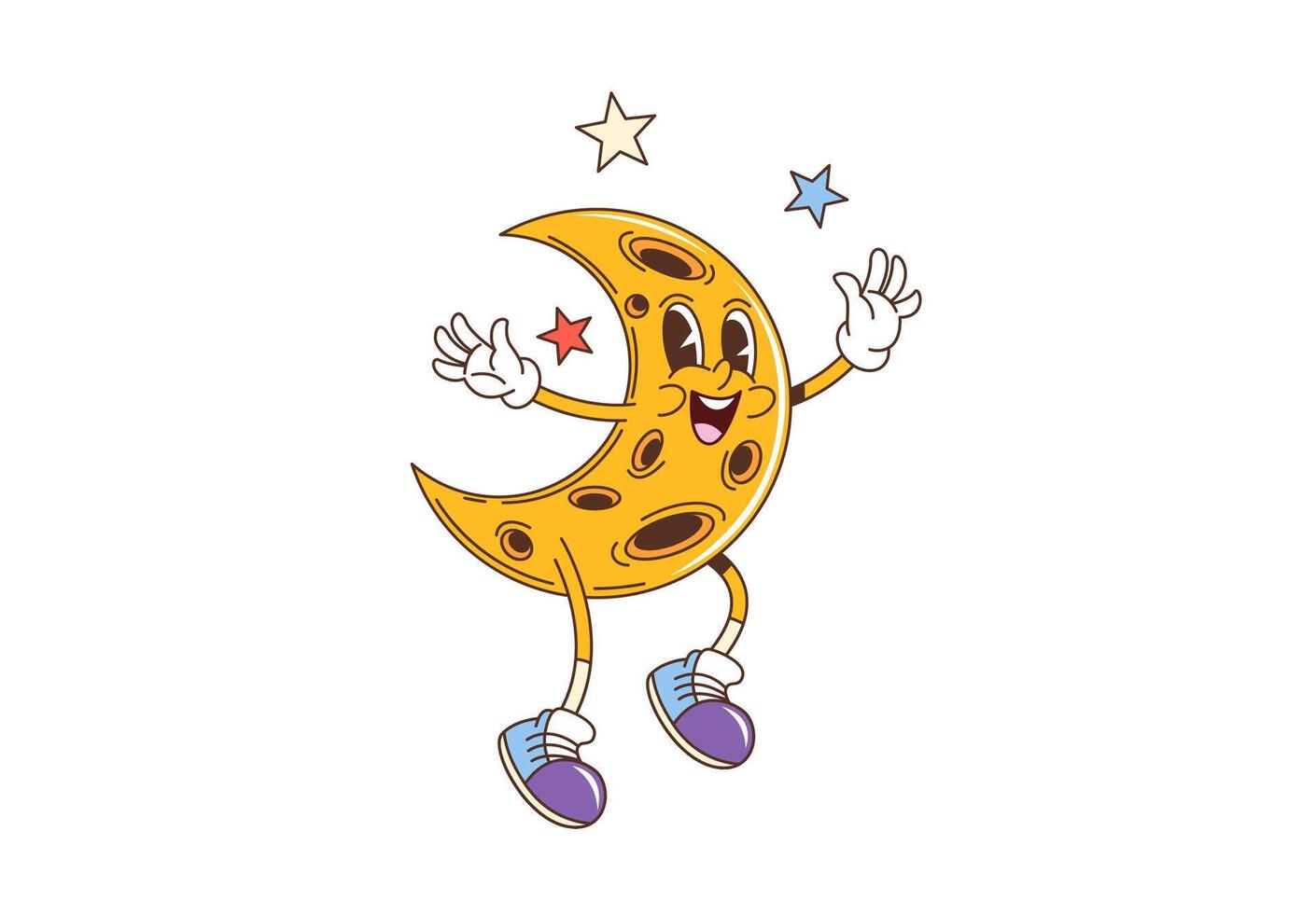 Retro groovy moon, joyful crescent character vector