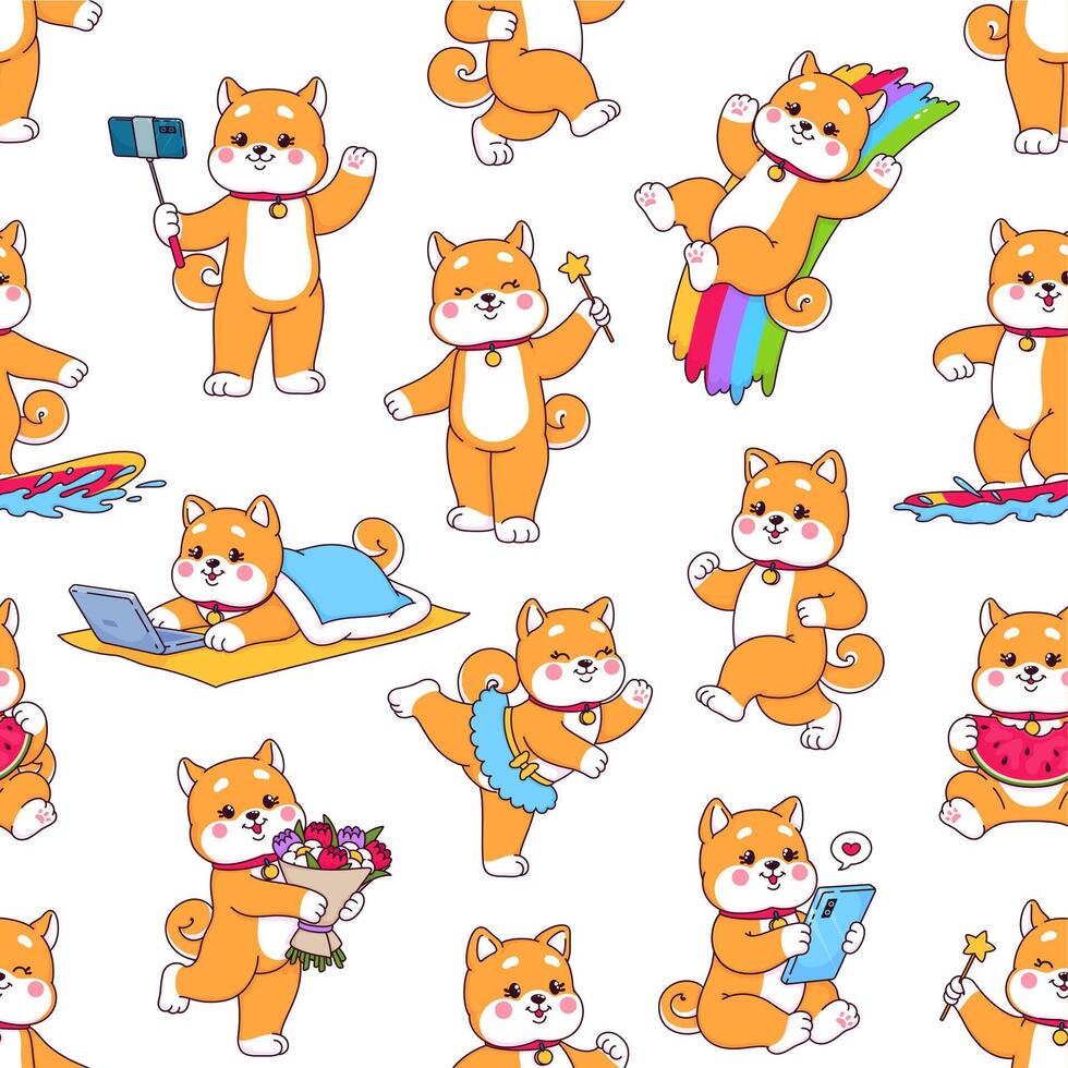 Cartoon Shiba Inu dog characters seamless pattern vector