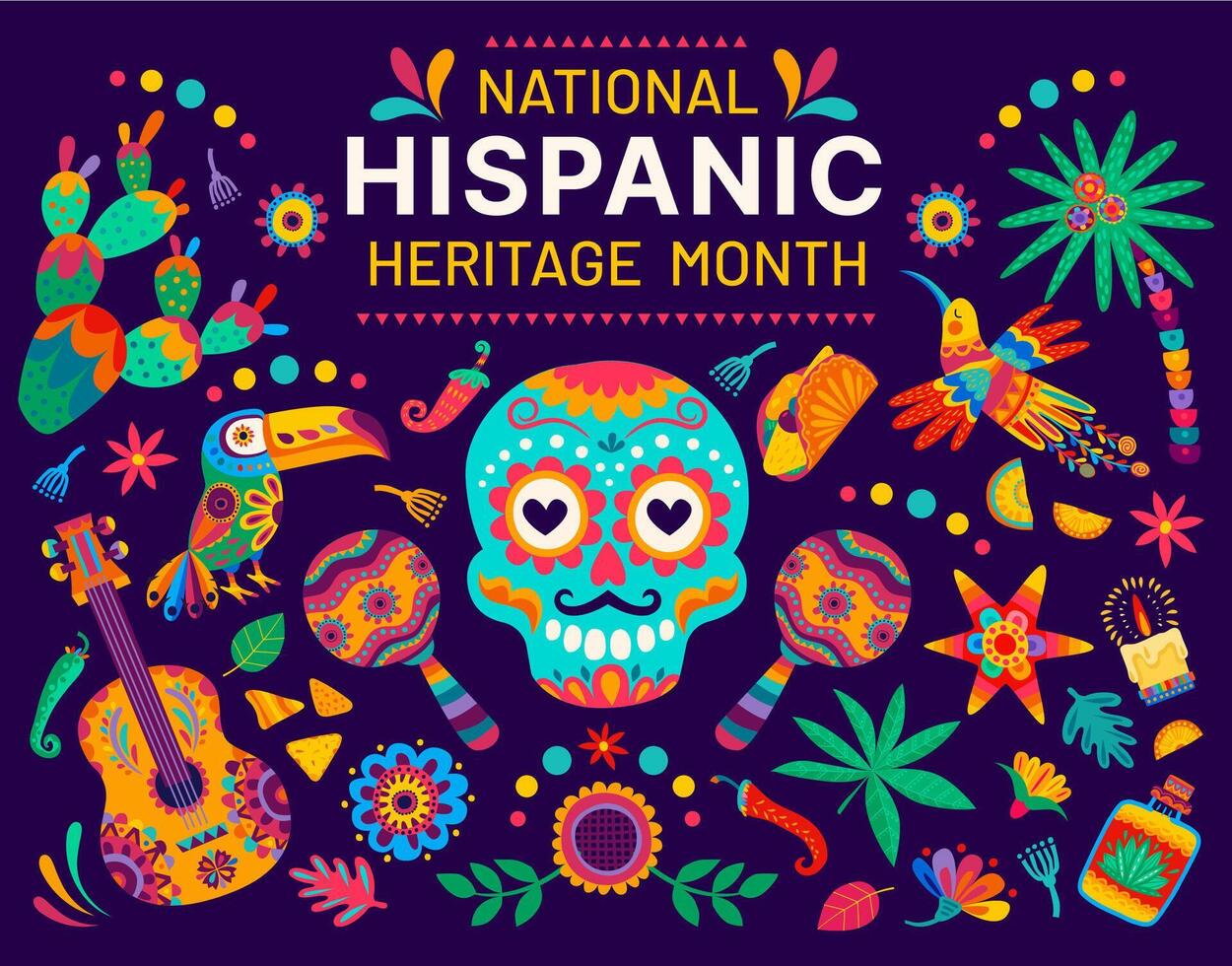 National Hispanic heritage month, skull and guitar vector