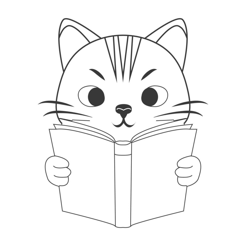 Cute Cat Reading Book Line Drawing Art vector