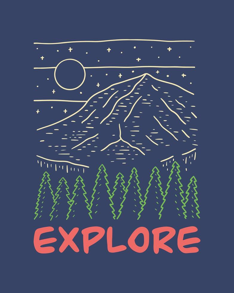 Explore the nature mountain in the night mono line design illustration vector