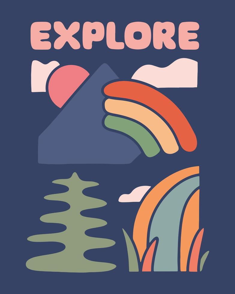 Explore the nature rainbow mountain for badge sticker graphic illustration art t-shirt design vector