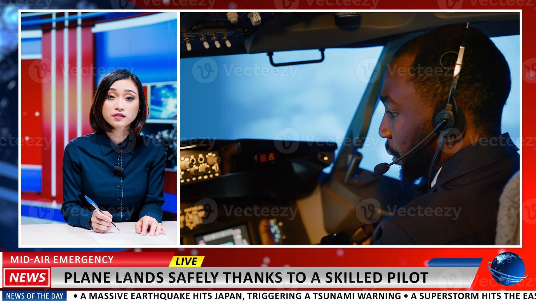 Media presenter talks about pilot hero saving tourists on commercial flight by landing aplane safely. Asian media journalist working on daily headlines transmission, tv advertisement. photo