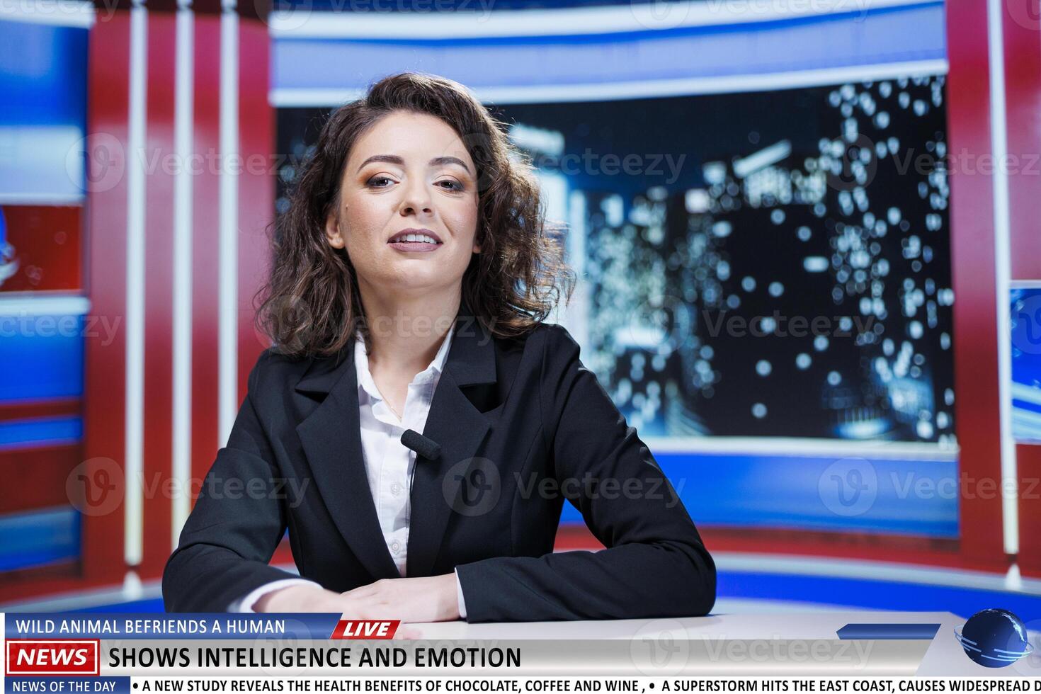 News about wild animal befriending human in newsroom, reportage covered by woman journalist on live tv. Media presenter discussing about strange miracle friendship, late night show. photo