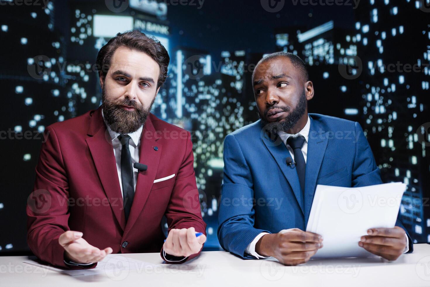 Team of presenters addressing latest news and events from around the world, discussing about newscast information regarding public interest matters. Diverse journalists night show hosts on tv. photo