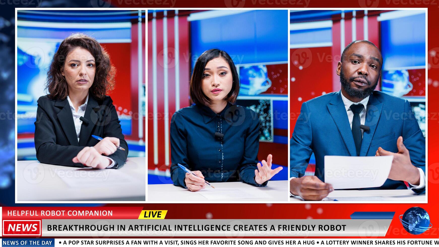 TV presenters talk about AI innovation on live expert show, IT specialists creating modern robot companion. Media journalists presenting development steps in artificial intelligence industry. photo