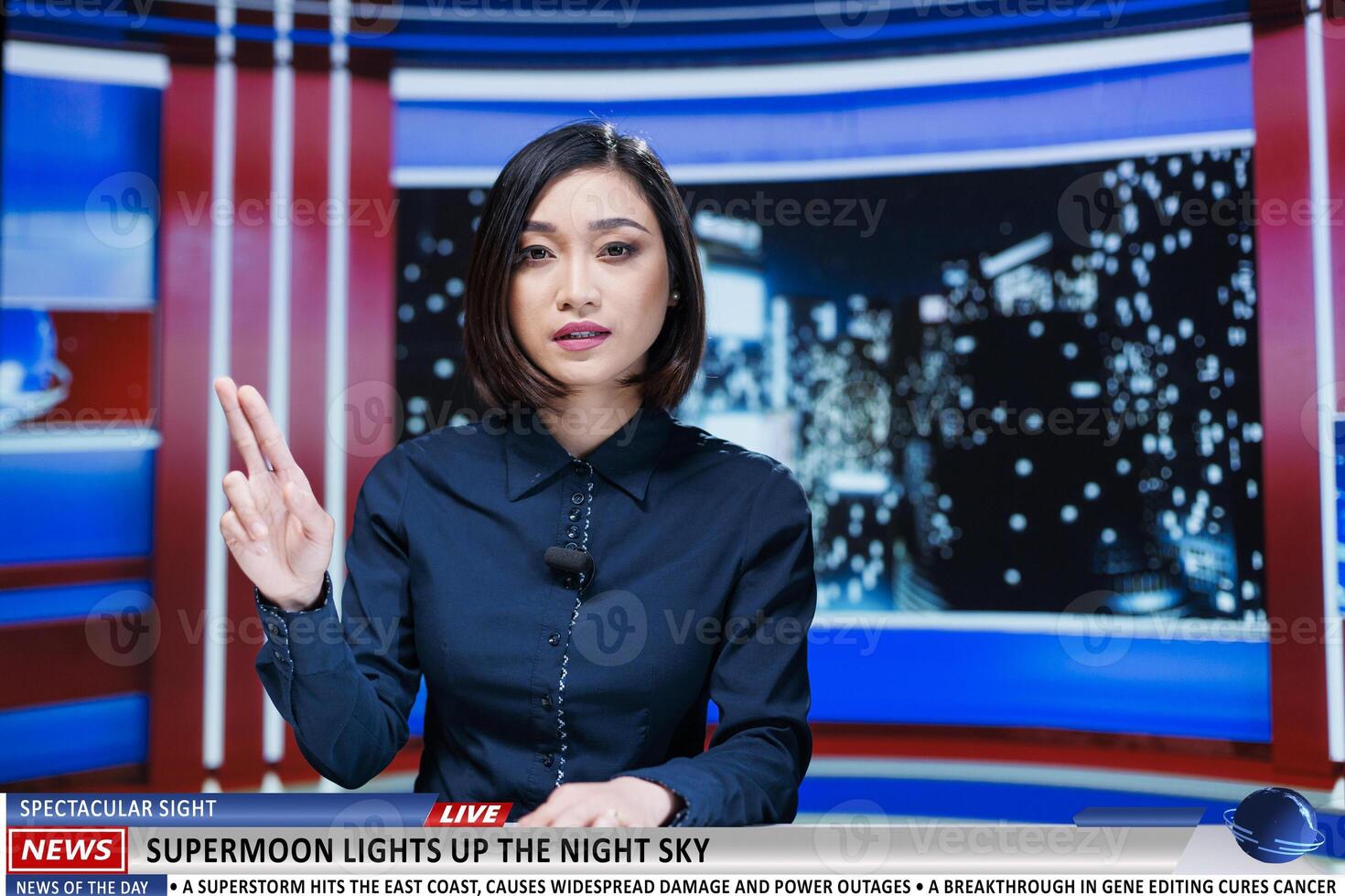 Correspondent addresses supermoon incident on talk show, delivering live commentary on sky illuminating massive moon. Asian tv host on global television channel reading headlines. photo