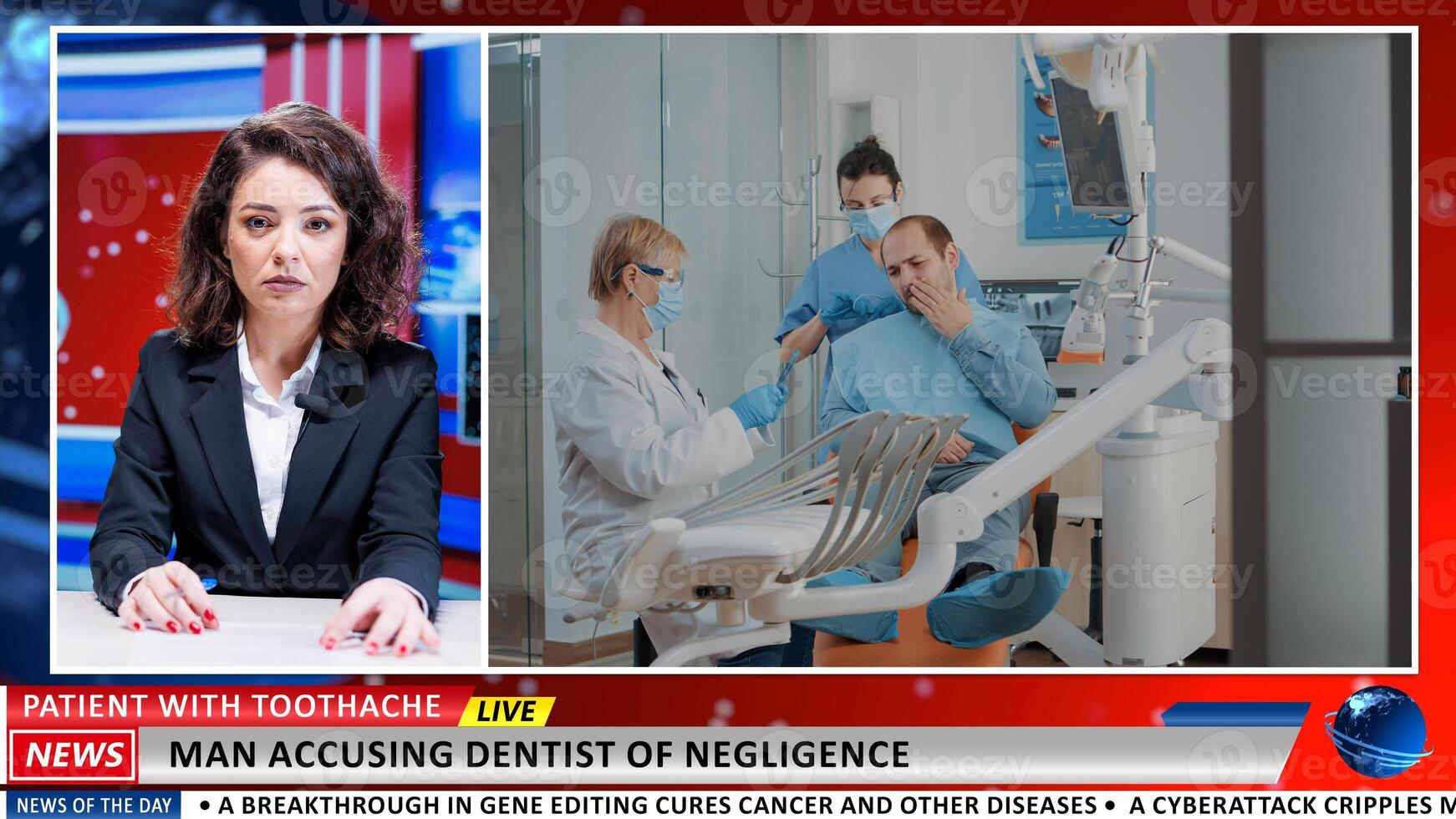 Worrying details about dentist incompetence on live tv program, newscaster doing reportage about stomatology patient with toothache problems. Man with caries suing dentistry cabinet. photo