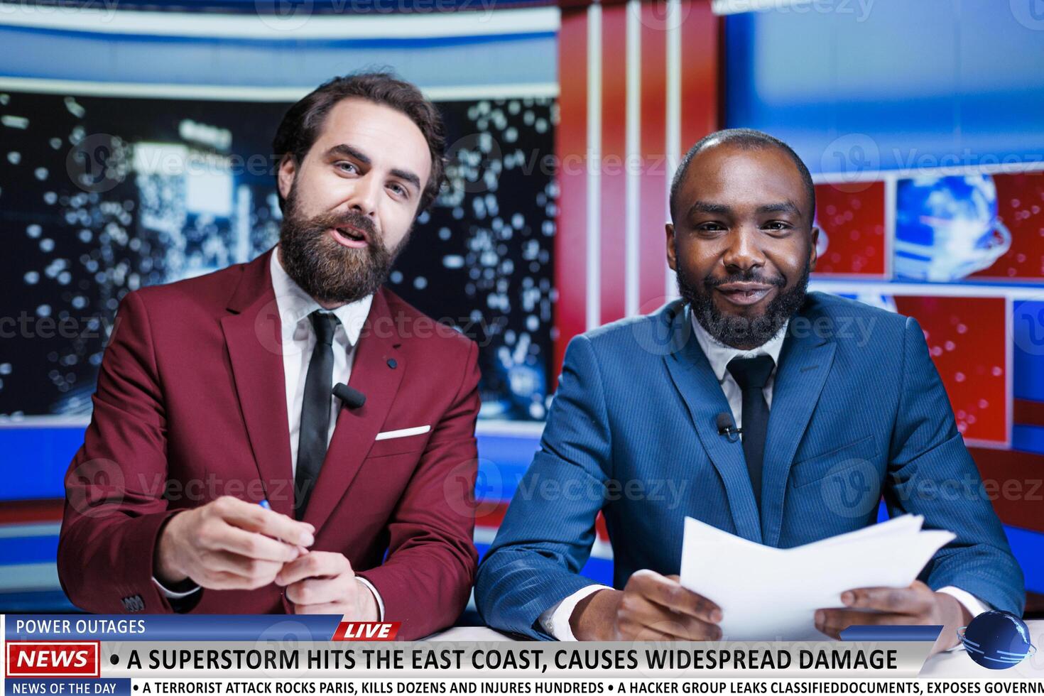 During daily events segment, reporters delivered superstorm news detailing natural calamity on shoreline. On live televised transmission, journalists team reporting storm as weather forecast. photo