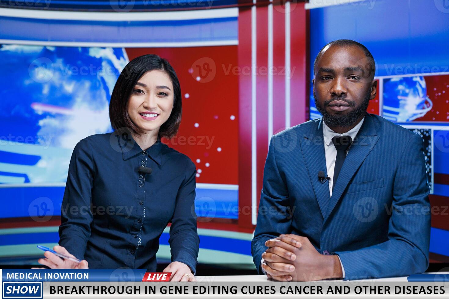 Presenters announce medical innovation that cures cancer and other diseases, people talking about gene editing discovery made by science experts and specialists. Amazing technology breakthrough. photo