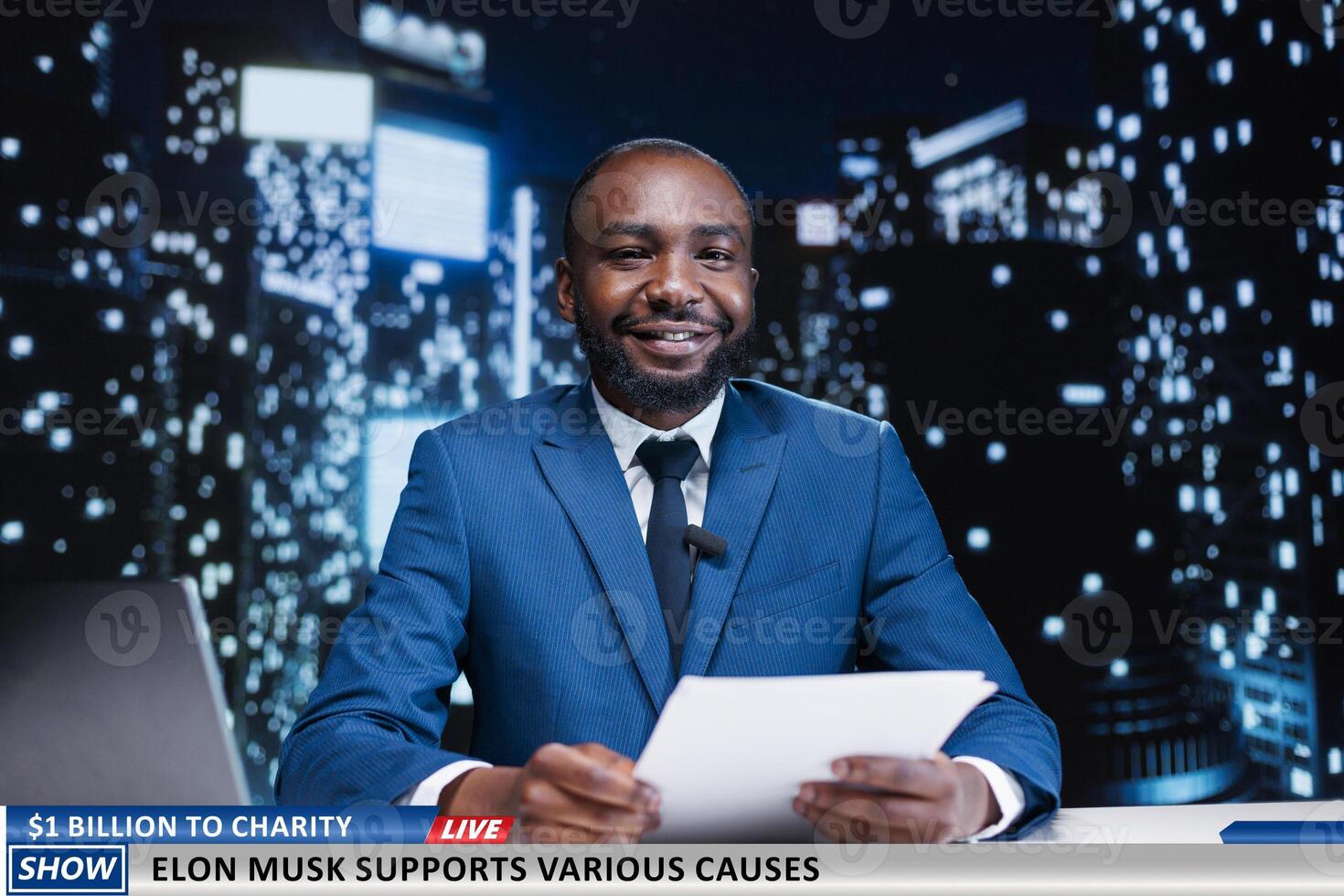 Newscaster talks about elon musk donating billions to charity, billionaire sharing fortune with poor people and helping citizens. Media journalist presenting good gesture made by powerful person. photo