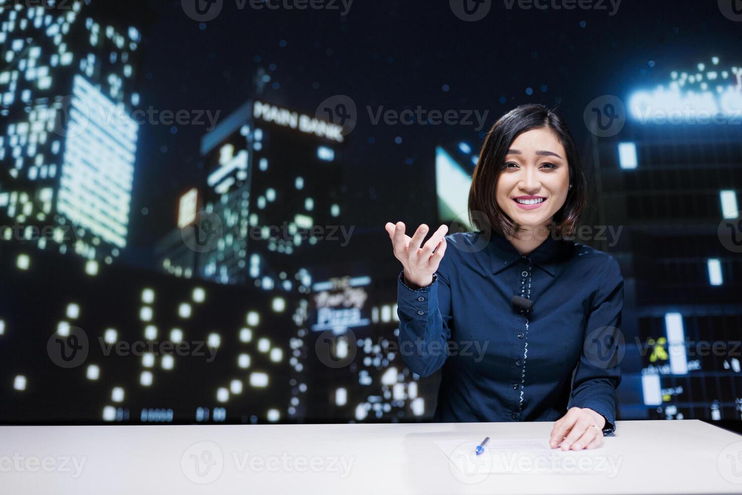 Night show host broadcasting live segment to present breaking news and latest topics, global tv program. Journalist creating newscast reportage in newsroom, transmitting exclusive headlines. photo