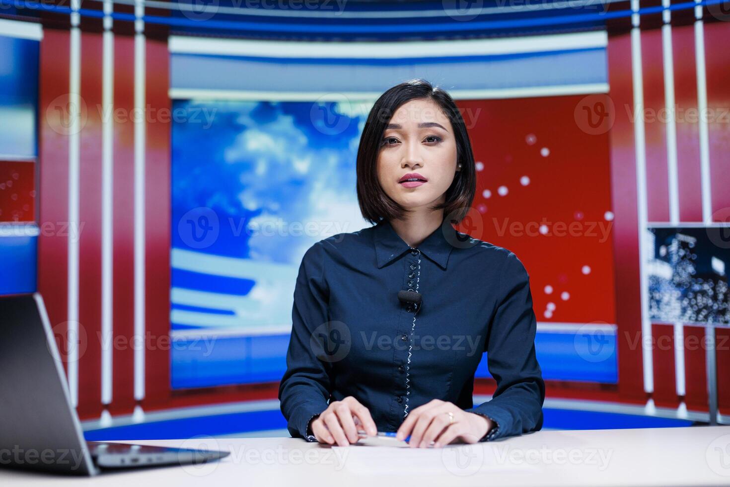 News anchor talking about politics on live broadcast show, presenting daily events and entertainment reportage. Asian newscaster covering all important stories, television network. photo