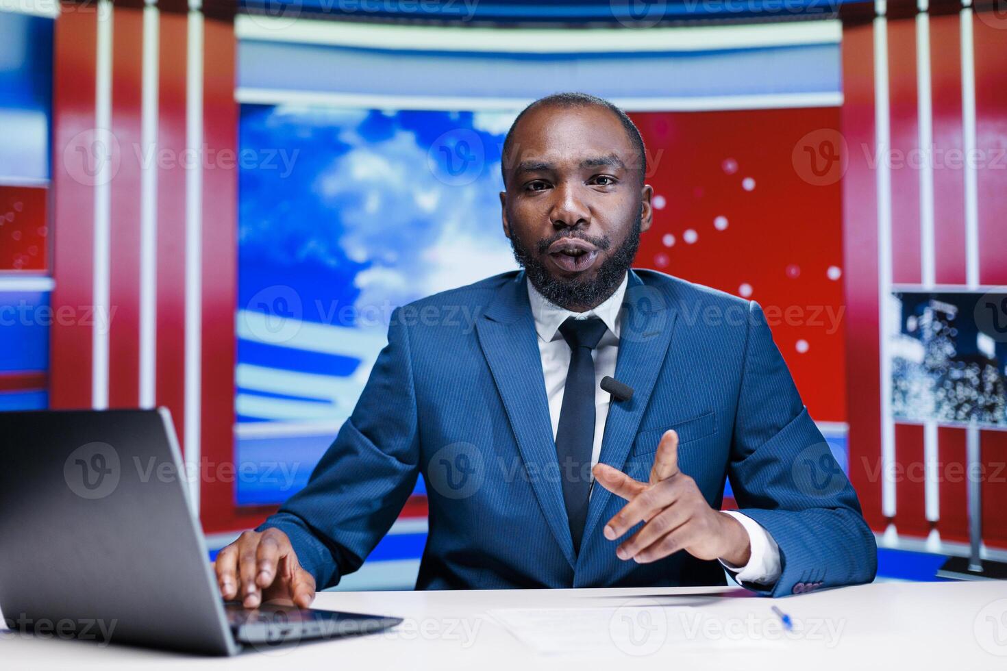 TV presenter hosting daily newscast, broadcasting live transmission on global communication network. Male media journalist addressing latest events stories, reading headlines. photo