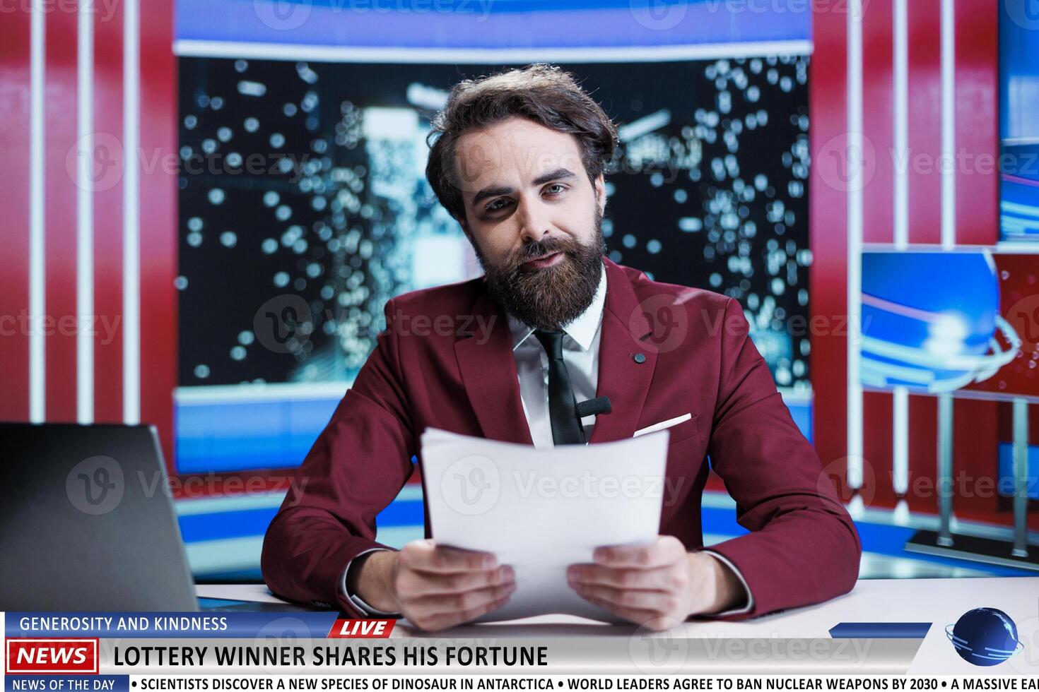 News reporter talks about lottery winner sharing his prize and fortune with other people, addressing a genuine generosity gesture on live night show program. Lucky person donating money. photo