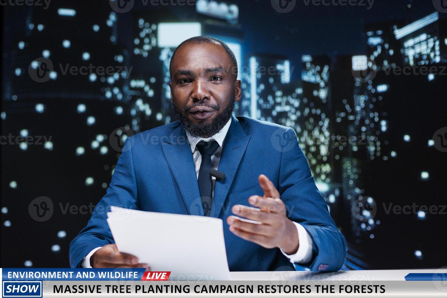 Journalist reveals environment program to plant trees and help preserve forests, breaking news on night show. Presenter talking about saving the planet and protecting natural regions, world events. photo