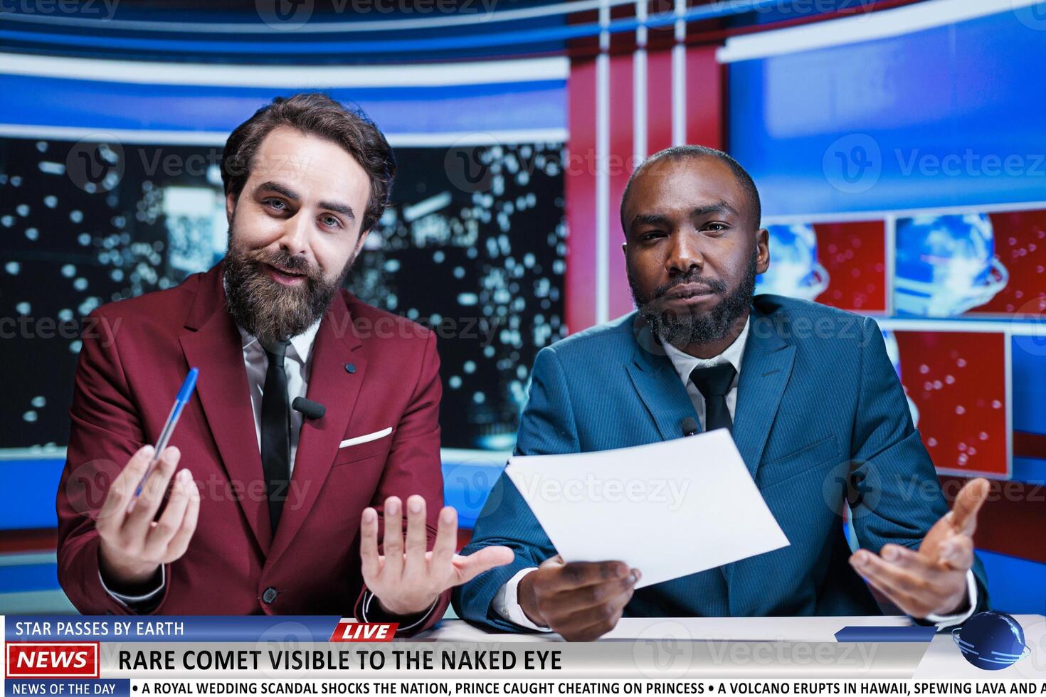 Night show hosts discuss astronomy event, presenting news about rare comet lighting night sky and captivating stargazers. Two newscaster broadcasting live reportage on visible star. photo
