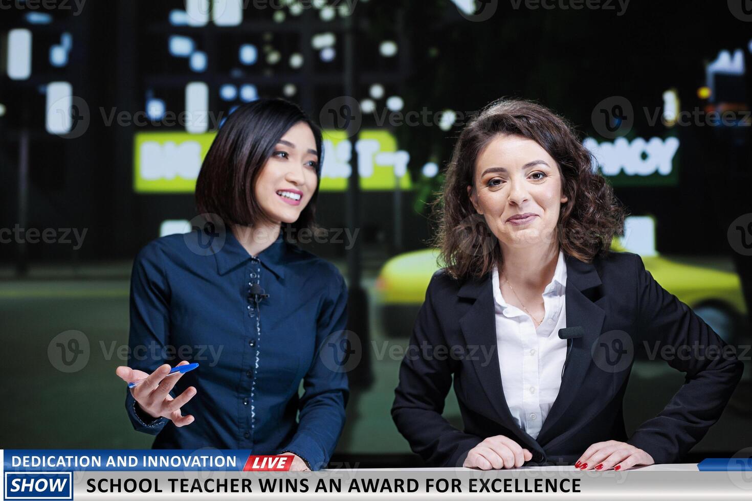 Genious teacher winning award for showing innovation in education system, diverse presenters talk about huge achievement on live television channel. Newscasters team reveal success of professor. photo