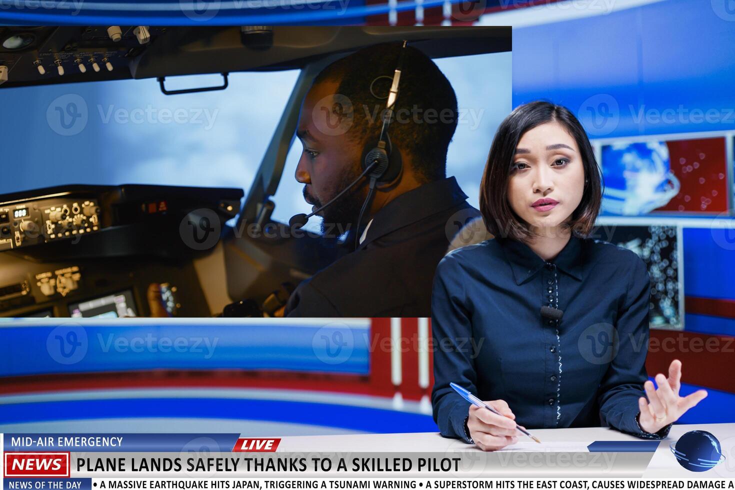 Media reporter talks about pilot hero saving passenger on commercial flight by landing airplane safely in newsroom. Asian journalist working on daily headlines broadcasting, advertisement. photo