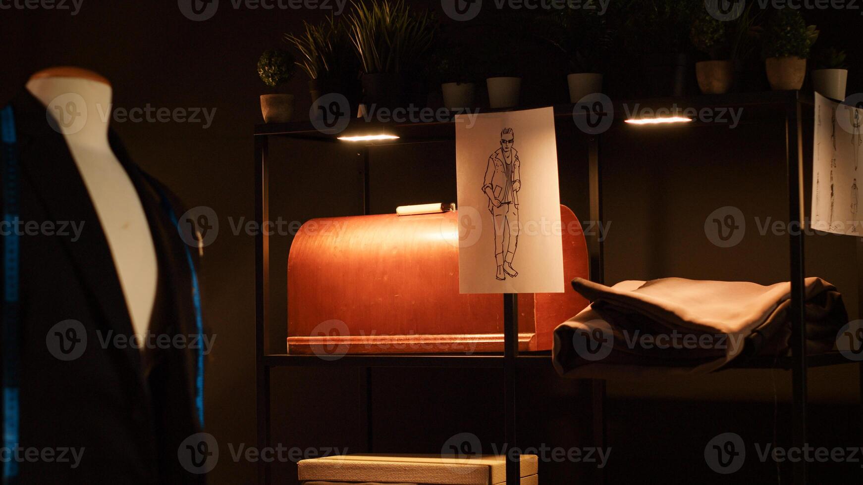 Empty atelier with sketches and tools used for craftsmanship and textile industry, instruments and sewing machines. Fashion workshop with clothes drawings and industrial equipment. photo