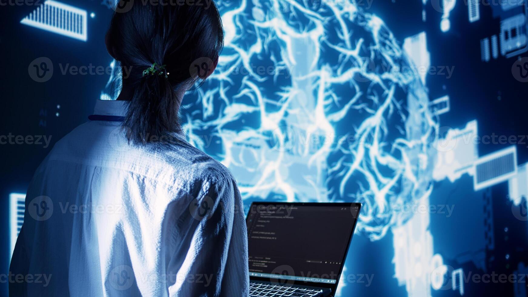 Competent manager in data center running programming scripts on laptop, solving tasks. Licensed specialist manipulating lines of code for artificial intelligence applications development photo