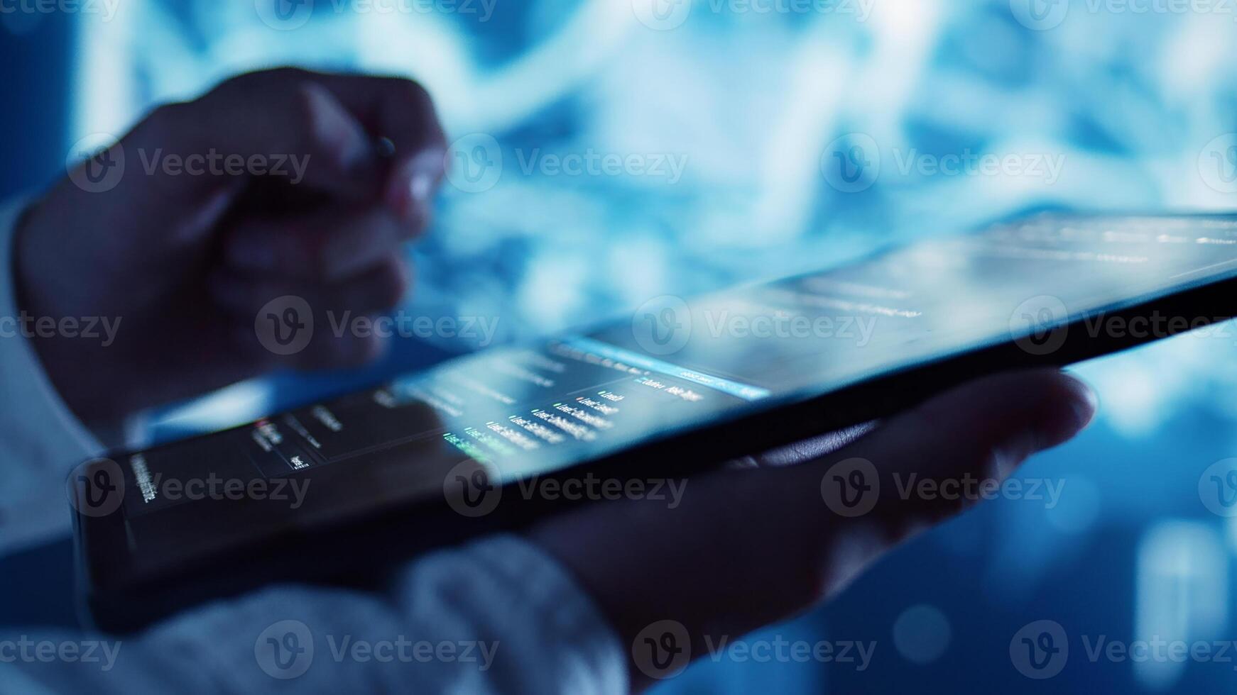 Close up shot of programming scripts on tablet, employing AI machine learning infrastructure. Trained professional manipulating lines of code for artificial intelligence applications development photo