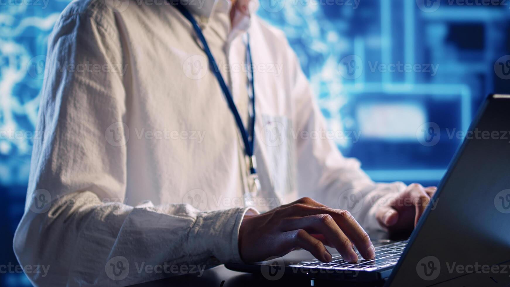 Productive engineer in high tech establishment uses artificial intelligence computing simulating human brain. Tech savvy admin running operations on laptop with AI machine learning algorithms close up photo