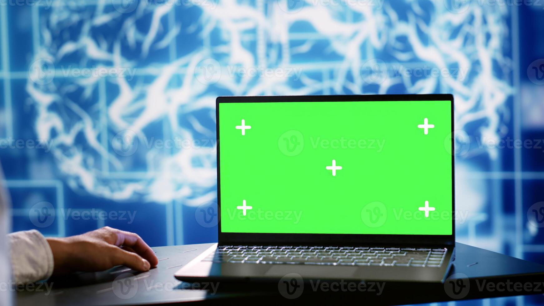 Computer scientist using green screen laptop to implement artificial intelligence parallel processing. Manager overseeing chroma key device enabling AI systems to do machine learning inference photo