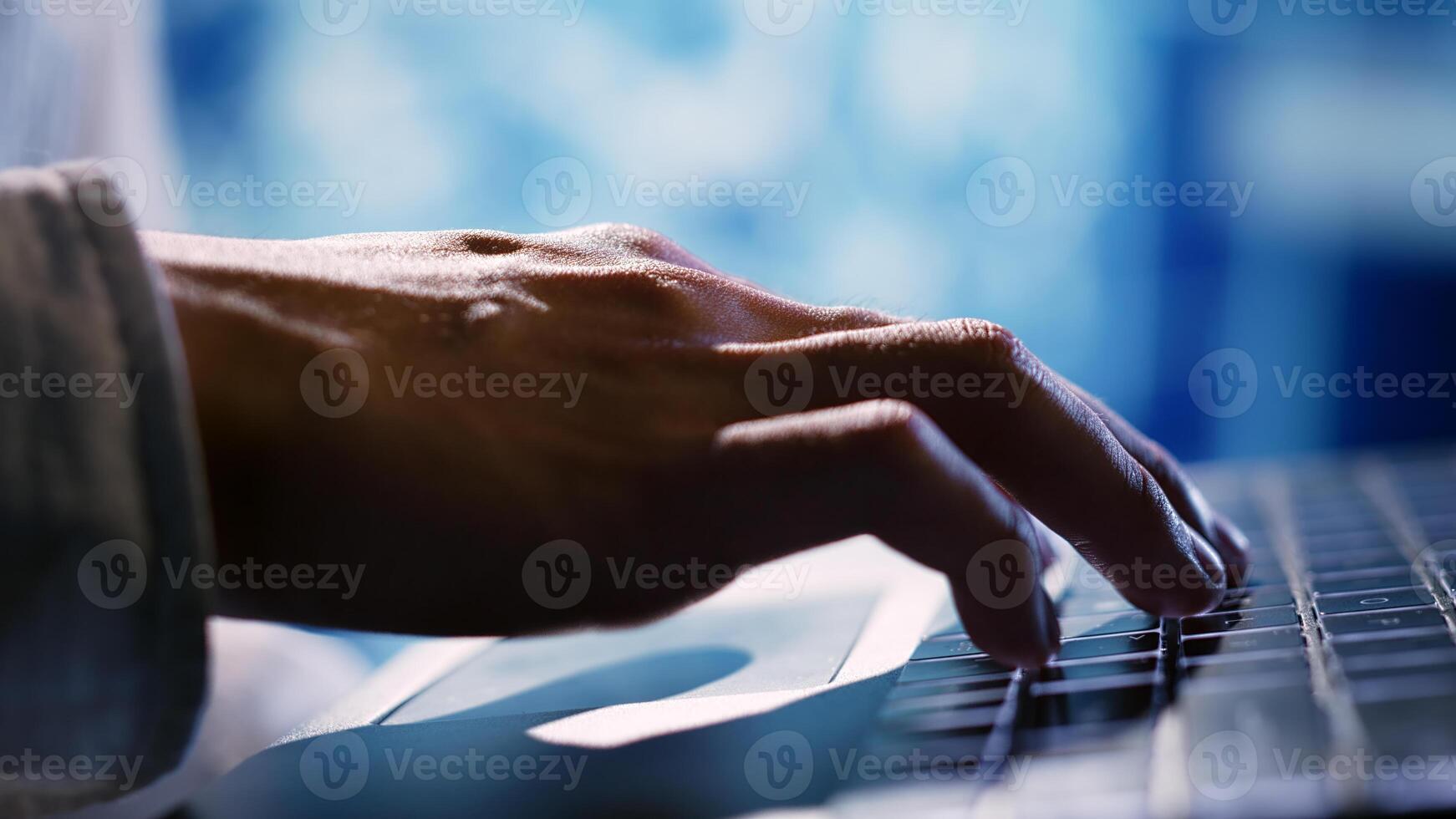 Extreme close up shot of admin inputing coding lines on laptop, updating artificial intelligence neural networks. Engineer typing on device keyboard, upgrading AI systems processing information photo