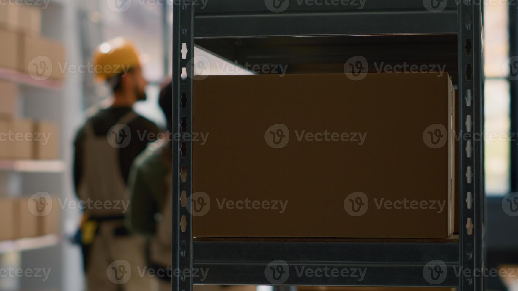 Warehouse employees in blurry backgrounds perform inventory control, keeping quality standards high. Focus shot on cardboard box parcel in storage deposit ready to be shipped photo