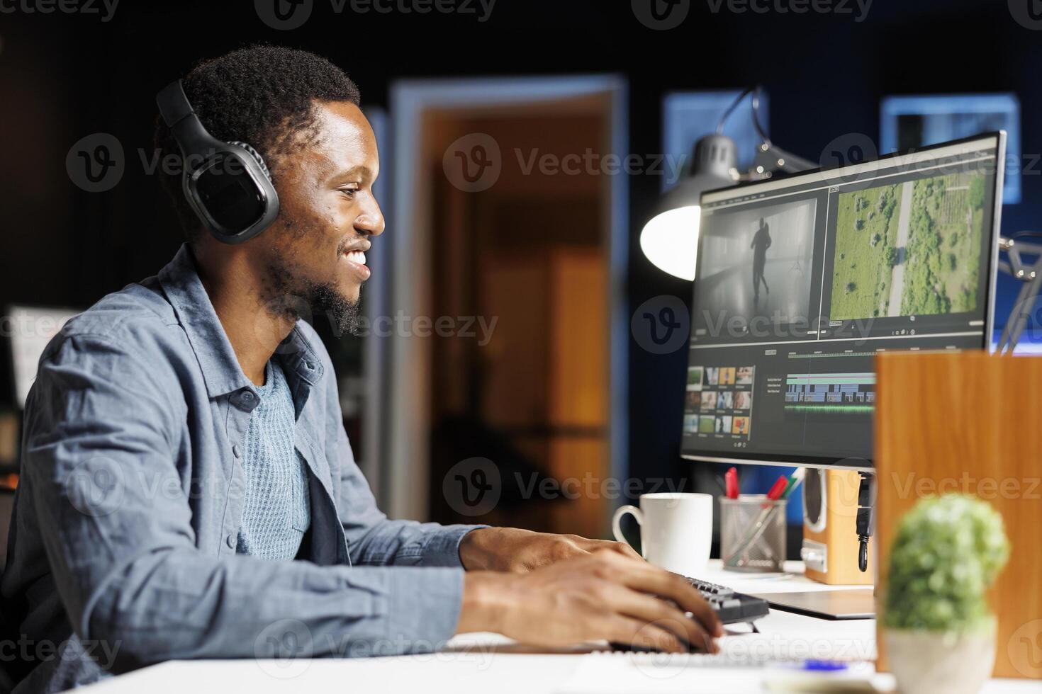 Content creator adjusting montage clips with color grading on motion graphics interface at home, adding visual effects on videography software. maker editing movie segments. photo