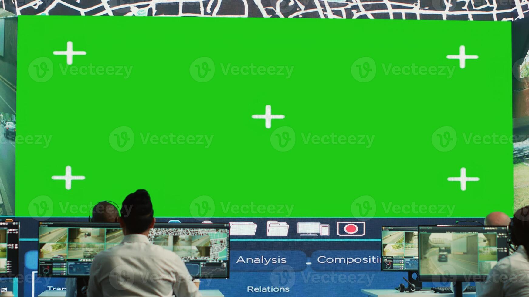 Diverse employees look at mockup screen in monitoring room, following delivery trucks routes around the city and gives directions for the order shipment location. Satellite navigation. Camera A. photo
