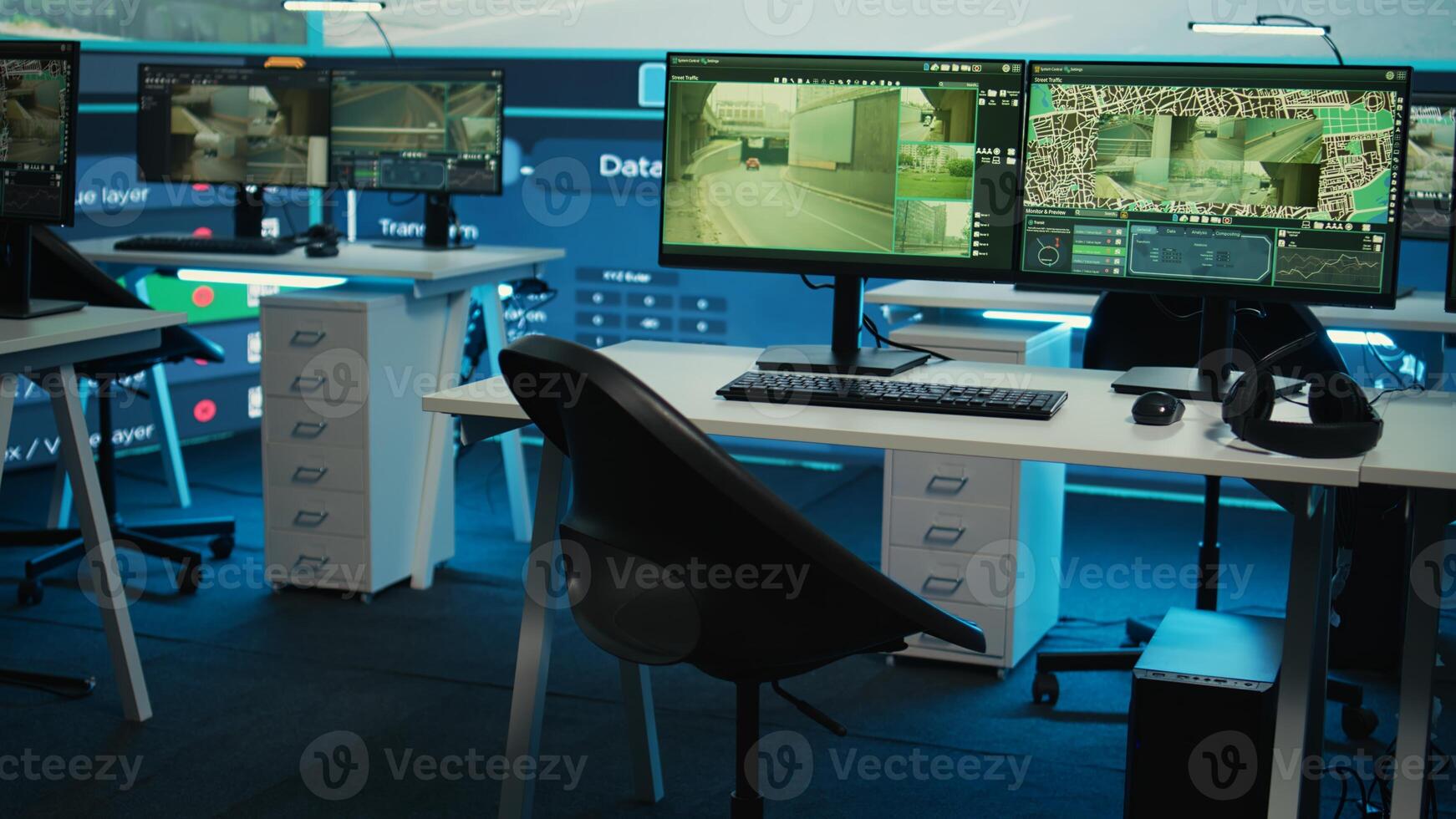 Empty government headquarters used to oversee traffic surveillance on CCTV security system. Satellite communication tracking and plate recognition in control center, reconnaissance. photo